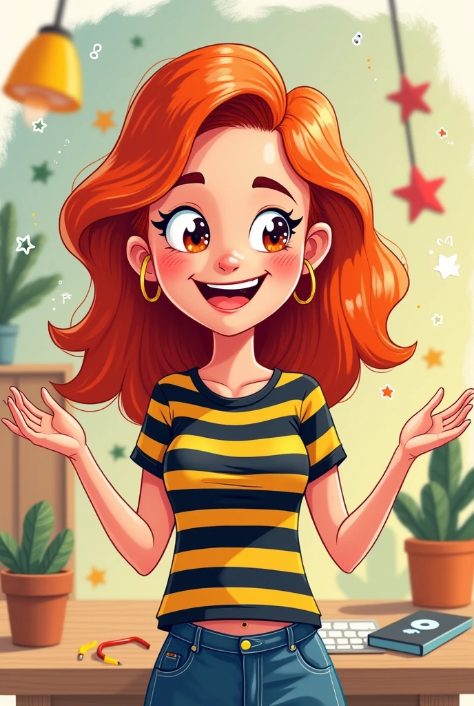 Caucasian female content creator cartoon, with red hair and a black and yellow shirt