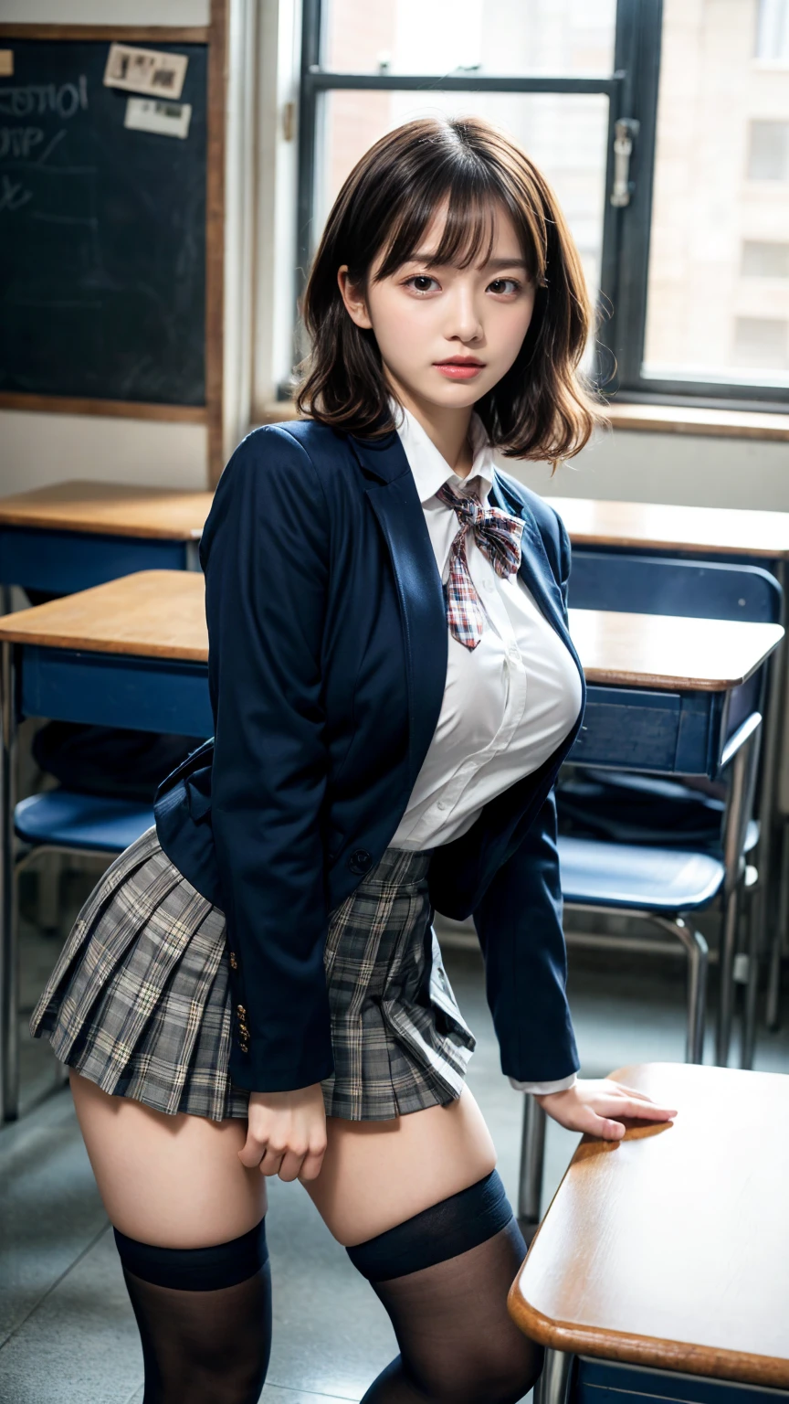 masterpiece, best quality, illustration, Super detailed, fine details, High resolution, 8K,wall paper, perfect dynamic composition,(Details High quality, realistic depiction of eyes:1.3), from side, High School Classroom、High school girl uniform、blazer 、Super Short Check Uniform Skirt、Navy blue high socks、garterbelts、Colossal tits、Disturbed uniform, short hair, (wavy hair:1.2), short bob hair, black hair color, large breasts, Big Natural Color Lip, acrobatic pose, perfect body shape, crying a little、Harajuku style、20 year old girl、cute type, beautiful legs, hposing Gravure Idol, Voluptuous thighs