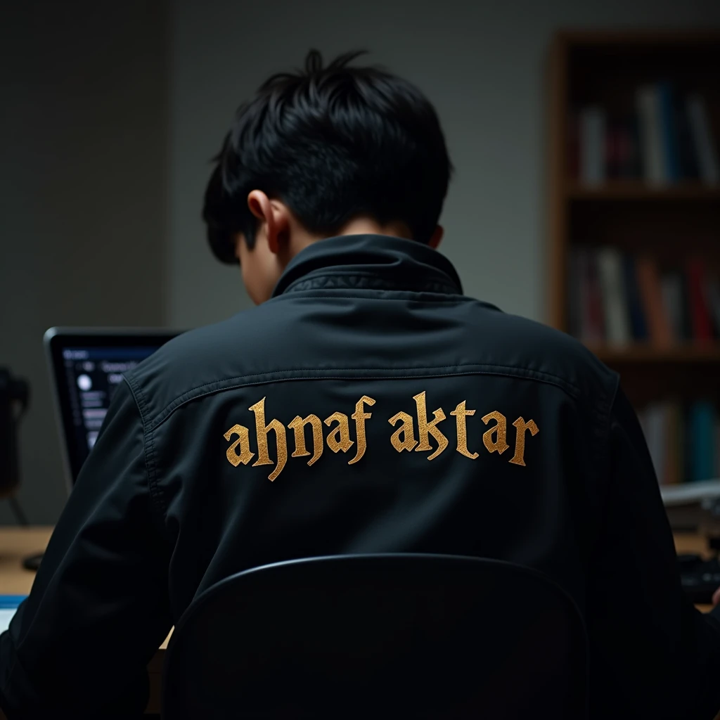 Create imagine of a 14-year-old boy working on a laptop, viewed from behind, wearing a jacket with the text "Ahnaf Aktar" written in a style inspired by the Harry Potter font. The environment is dark, with a clean room and books on a shelf.the picture should be from the back the text should be from back.the photo will be shtaright from back.text should be right in golden 