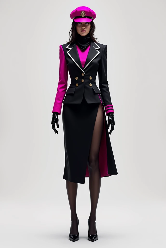 Create a uniform with a waist-high blazer and long magenta sleeves, Skirt with a waist above the knee and an opening on the left leg in magenta, black pantyhose and black heels, Magenta hat and black scarf