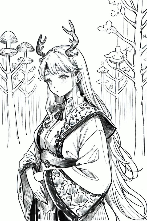 (Line Art, monochromesketch, Pencil drawing, traditional media:0.9), A 1 sexy Elf female with magic staff tending to a dungeon garden of luminous flowers and mushrooms