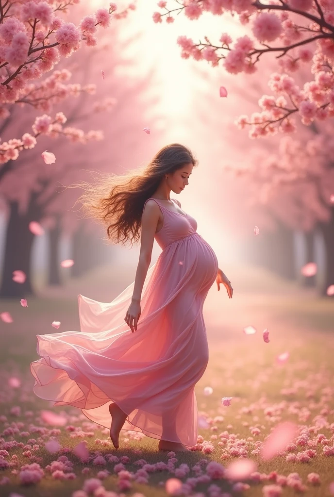 Amorous beautiful pragnent girl ，Among the cherry blossoms，Dance 