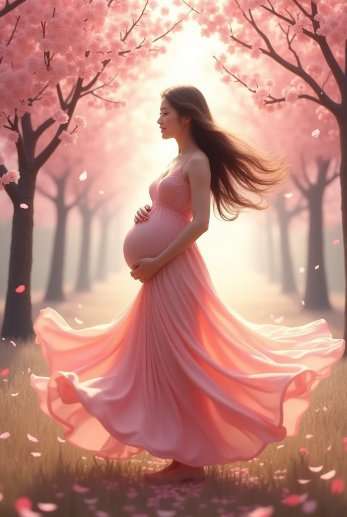 Amorous beautiful pragnent girl ,Among the cherry blossoms,Dance