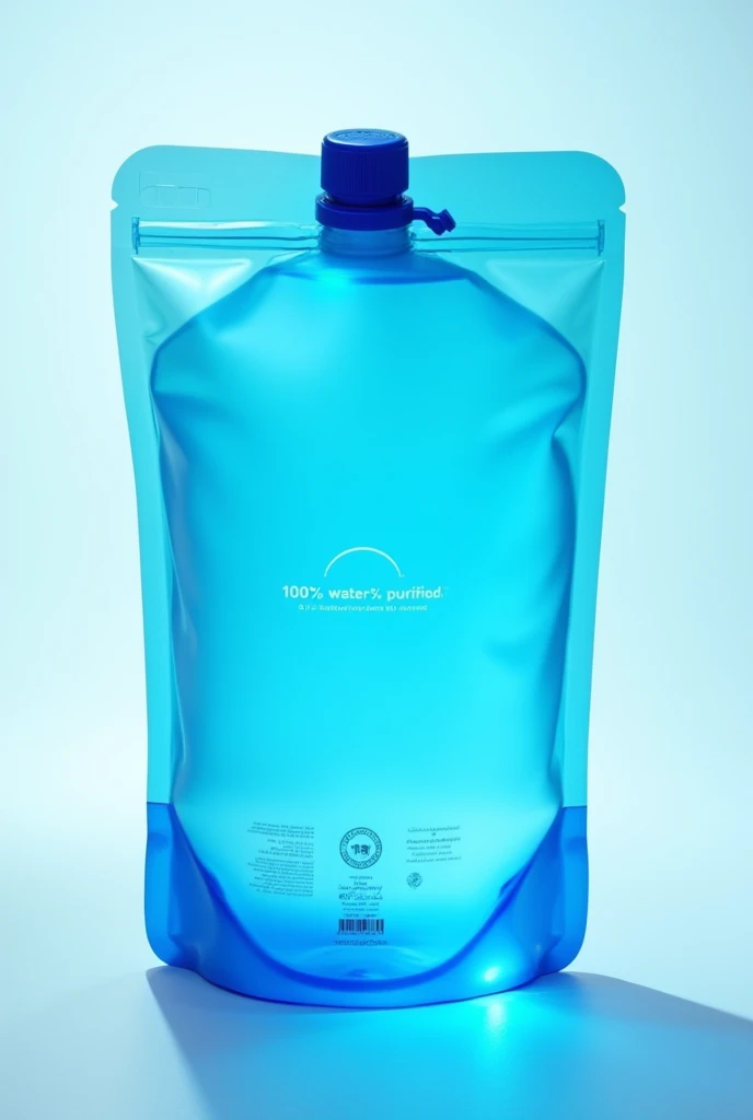 A water bag where the blue color stands out, have a trademark and specify all the characteristics of 100% water% purified and suitable for human consumption.