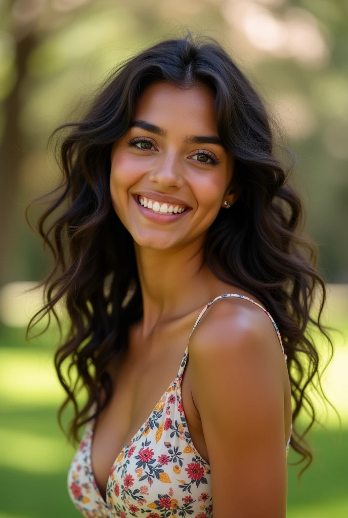 Belle femme latina, portant une belle robe légère et colorée avec des motifs floraux (20 ans, visage innocent, cheveux naturellement ondulés, yeux marron), selfie du haut du corps, chef-d’œuvre, qualité supérieure, ultra-détail. En arrière-plan, un parc verdoyant avec des arbres en fleurs. Ses cheveux tombent en boucles naturelles autour de son visage, encadrant ses grands yeux marron qui brillent de curiosité. Son sourire est doux et sincère, révélant une dentition parfaite. La lumière du soleil caresse doucement son visage, accentuant la douceur de ses traits. La photo est prise en mode portrait, capturant chaque détail avec une netteté exceptionnelle.