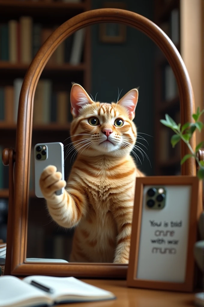 a strong cat takes a picture with an iPhone 14 pro max in his hand, looking in the mirror, there are books and notebooks in the room, the picture on the table says "I'm definitely a doctor boy"