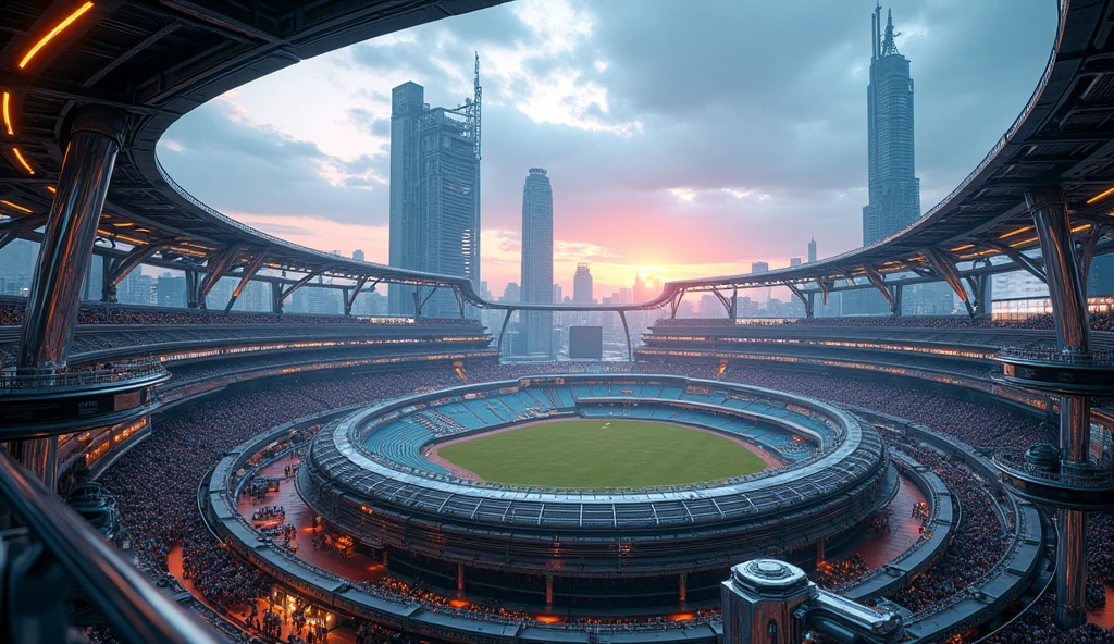 a skyscraper city, futuristic cityscape, modern metropolis, baseball stadium, intricate architecture, advanced technology, gleaming metal, glass and steel structures, neon lights, dynamic urban environment, cinematic lighting, vibrant colors, clean lines, minimalist design, architectural photography