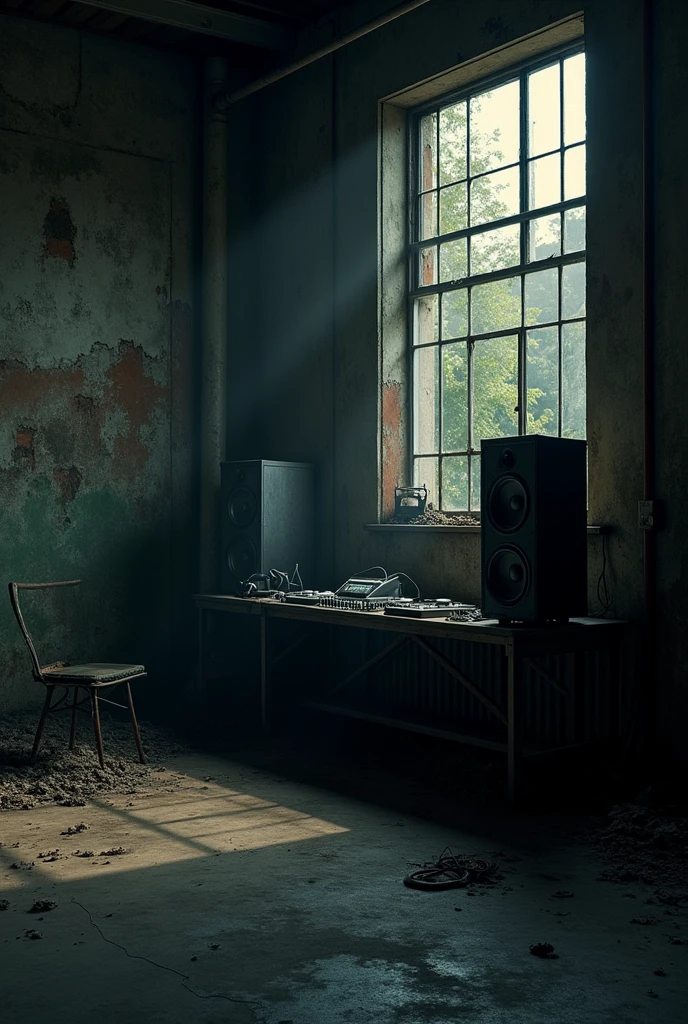 Realistic image with a dark appearance with a scene of an abandoned factory with speakers, headphones, DJ setup professional in the corner and with the environment more in evidence