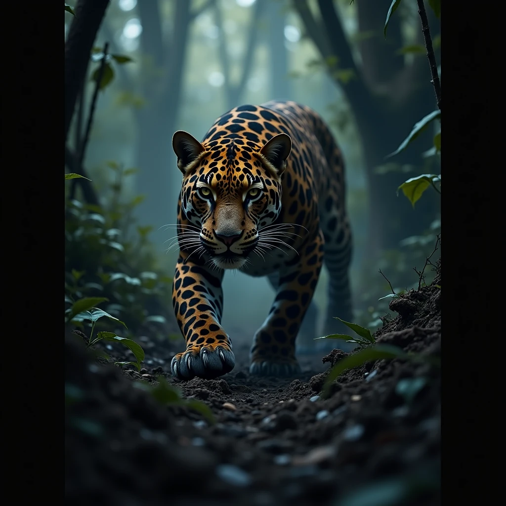 Jaguar agressive in a dark forest