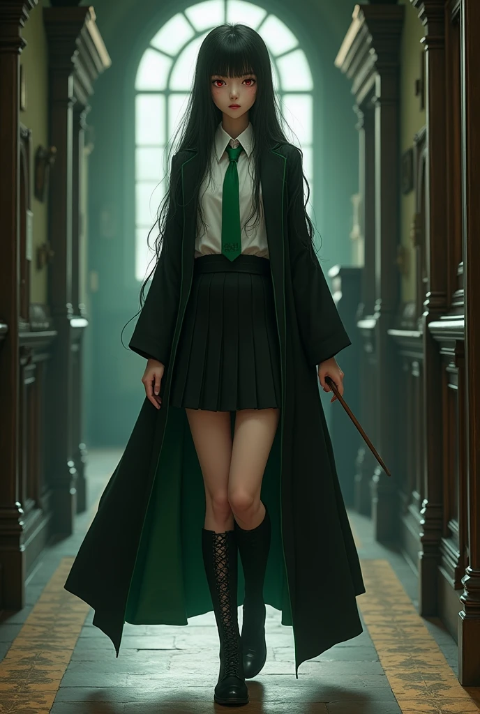 magic magic school。Snake House Student。White blouse。Green tie。Black knee-length pleated skirt。Black lace-up boots。Black robe with green lining。25cm wooden magic wand。Straight long black hair。Bangs。Hime cut hair。Crimson Eyes。Mysterious beautiful girl。Quiet。Powerful magic。