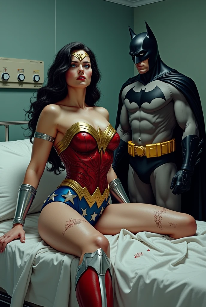 A toned athlete, muscular, blue eyes, black hair Wonder Woman in Wonder Woman’s tiara, red and gold bustier, blue leotard with white stars, ((silver wrist bracelets:1.2)), ((Red knee high boots:1.2)), golden belt with athletic and muscular body with tattered costumes lying on hospital bed with Batman watching over her. Looking at each others. (perfect anatomy), (masterpiece:1.2), (best quality:1.2), intricate details, Muted Tone, Delicate, Detail, sharp focus, perfect hands, perfect face, perfect eyes, perfect light, dynamic light, natural light