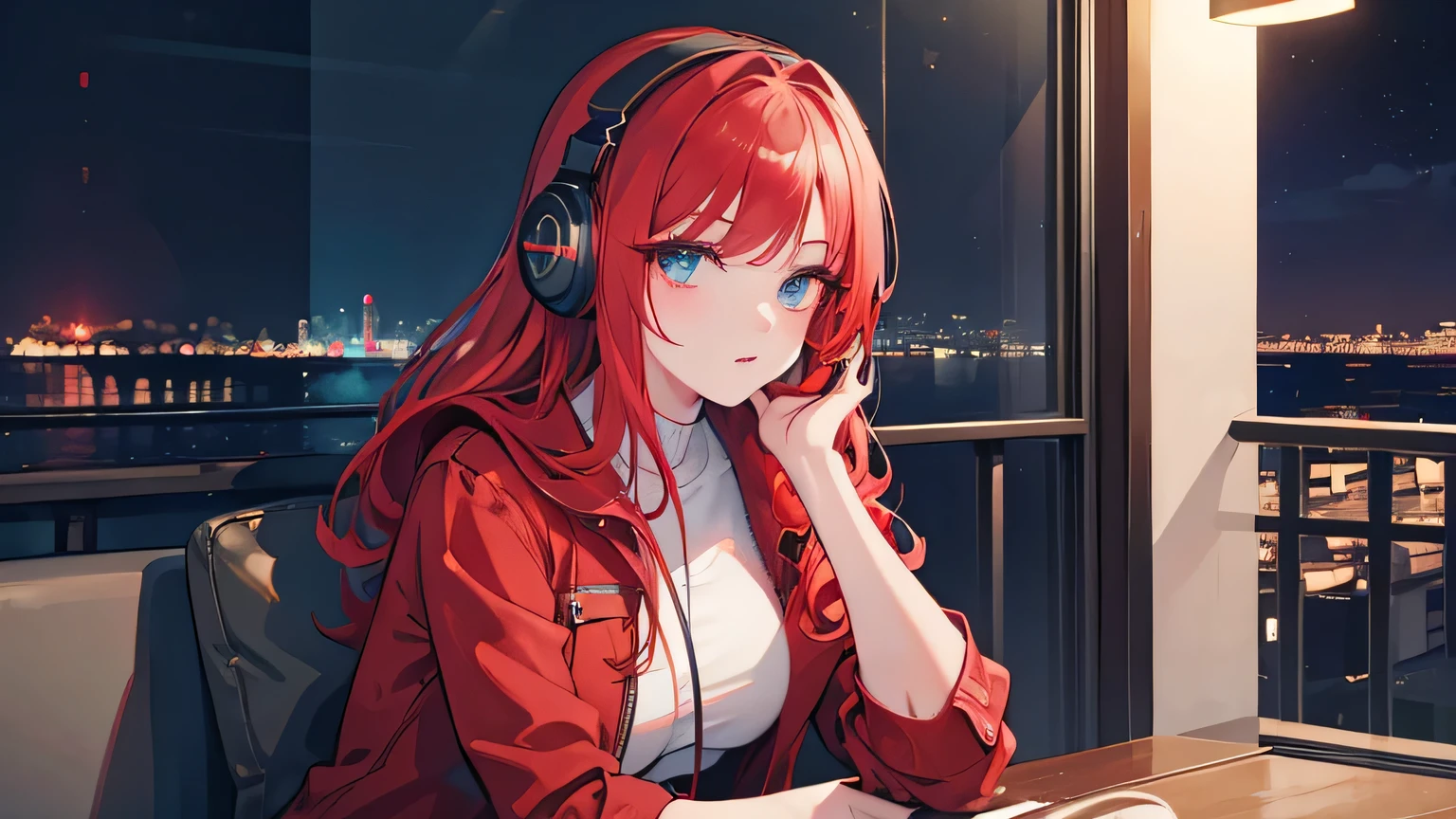 a red-haired woman in lofi style, wearing headphones, sitting in an armchair on the balcony of her apartment, sideways watching the city and sea at night, 3D HD anime manga style, detailed facial features, beautiful eyes, detailed lips, eyelashes long, warm lighting, cinematic composition, atmospheric night scene, vibrant colors, bright cityscape, calm ocean