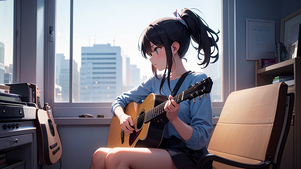 Create an image of a girl playing a guitar, sitting in a chair in profile, in front of the window in her room, calm atmosphere. Design the silhouette of the picture perfectly