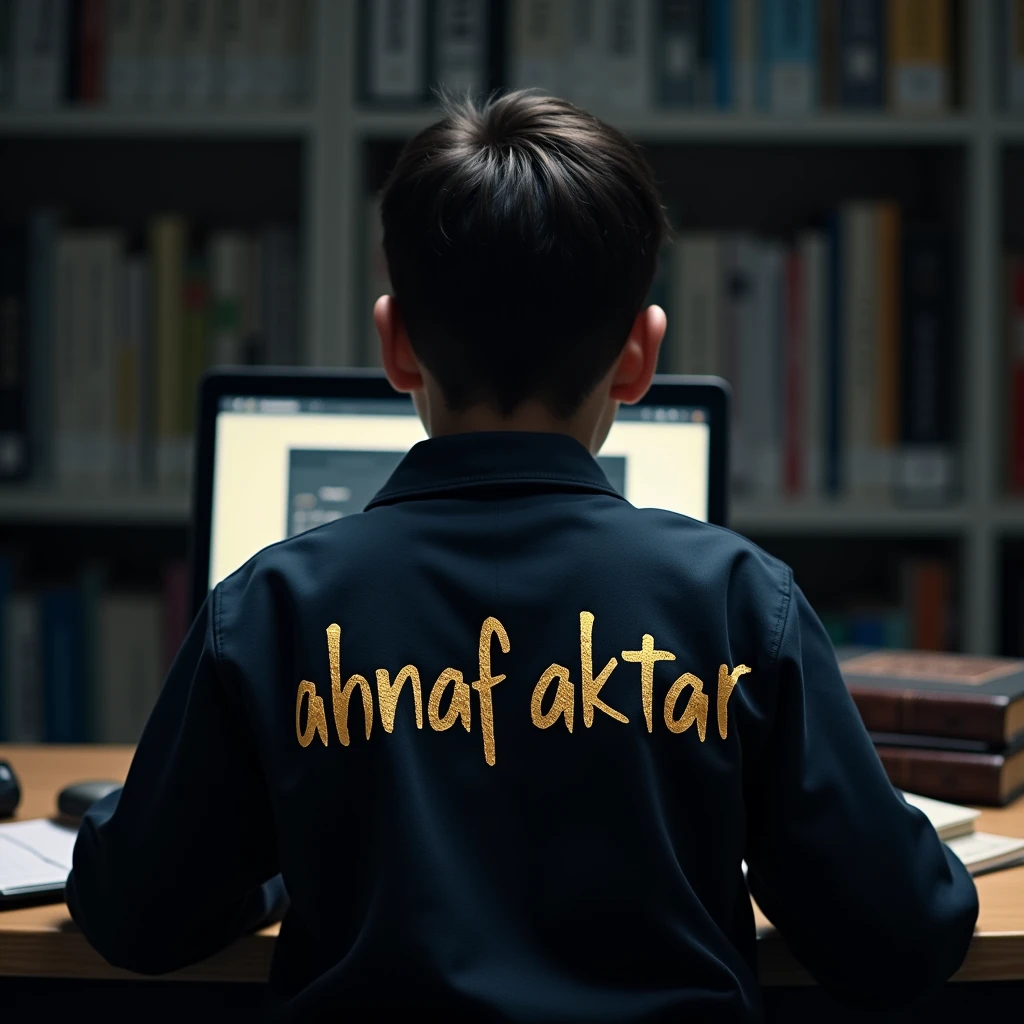 Create imagine of a 14-year-old boy working on a laptop, viewed from behind, wearing a jacket with the text "Ahnaf Aktar" written in a style inspired by the Harry Potter font. The environment is dark, with a clean room and books on a shelf.the picture should be from the back the text should be from back.the photo will be shtaright from back.text should be right in golden 