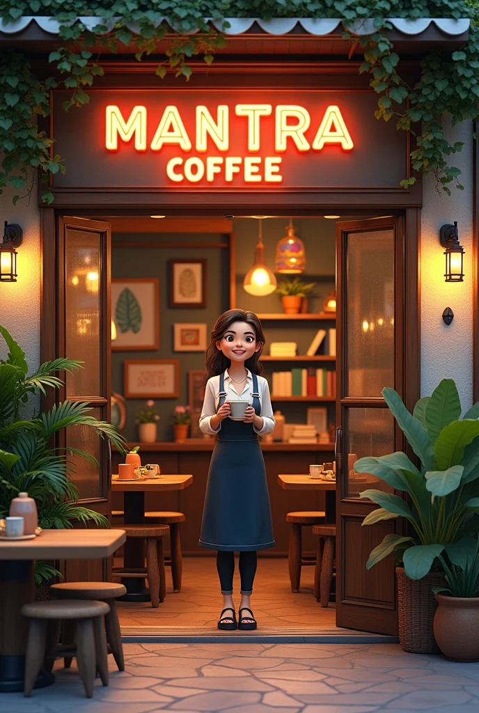 Entrance to a cafe with wooden tables outside, with a sign that says mantra coffee, illuminated, with plants, books, colorful paintings. At the entrance a female Barista with a cup of coffee in her hand and a smile on her face. He addresses the audience with enthusiasm.