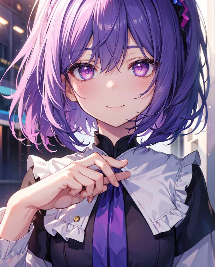 Tabletop, Highest quality, (Perfect Face:1.1), (Attention to detail:1.1), (Ultra-detailed eyes), dramatic, Ultra-thin illustration, Very detailed,One Girl, ager, Happy, smile, enjoy,Open your mouth,Straight hair,Psychic Eyes, Pink Eyes,blush, alone,Pouting,Cinema Lighting,Bobbed hair、Indigo Hair、Purple Eyes、I cut my bangs above my eyebrows.、Bob