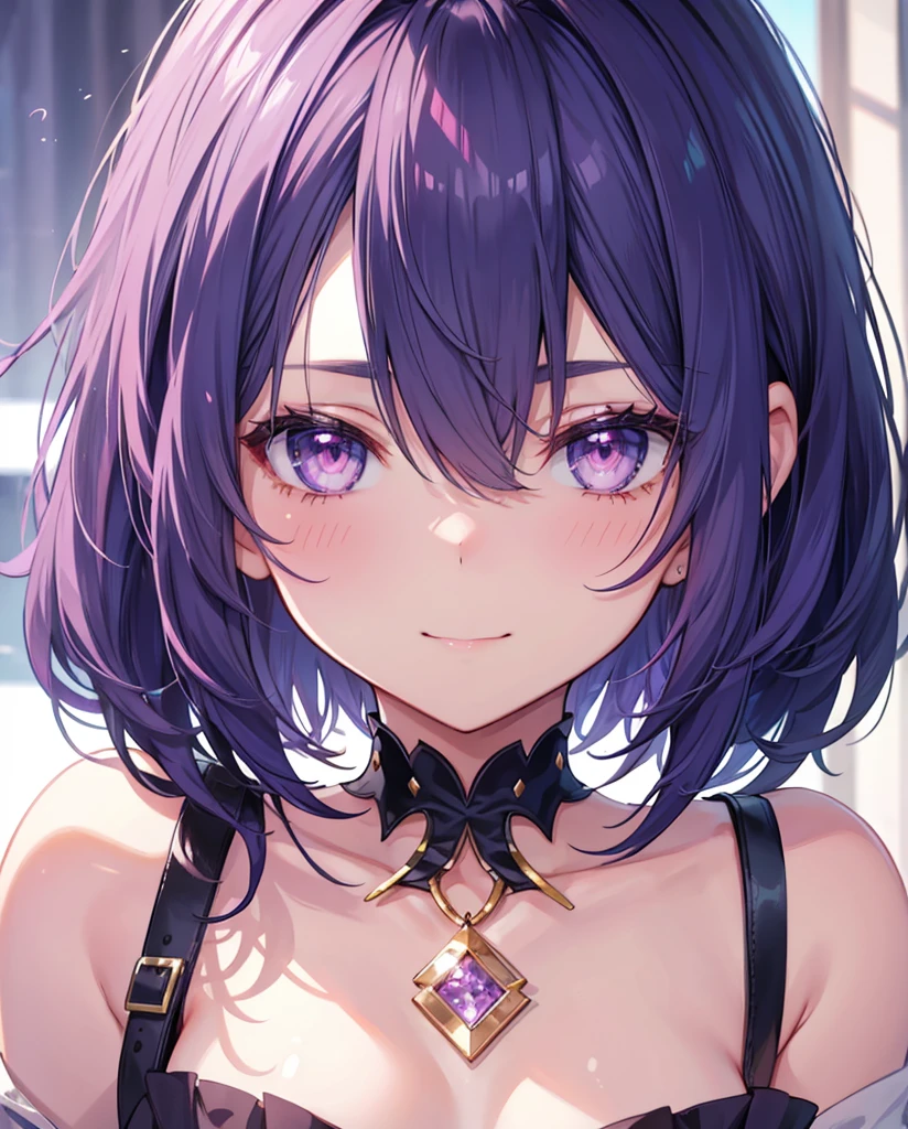 Navy Blue Hair、Purple eyes、High resolution、vision、Shortcuts、amount、Trim your bangs、Bob、Slanted Eyes、、alone、whole body、Light、Plain background
