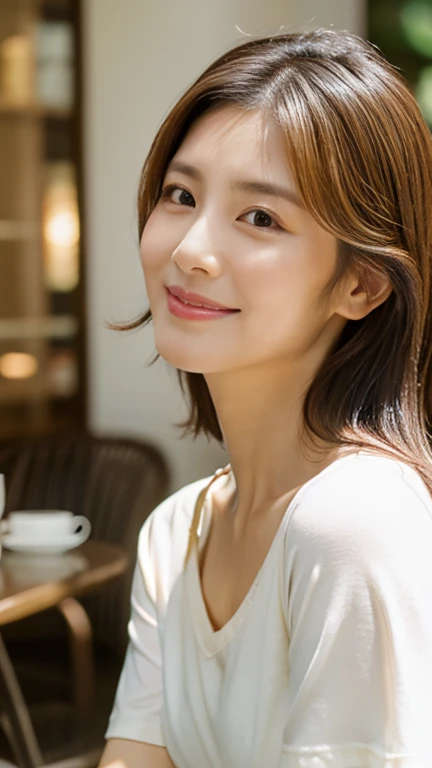 RAW photos), (realistic), (masterpiece), (best quality), high resolution, 8k, (intricate details), (Voluminous light), portrait, female, 3, medium hair, straight hair, Center chest gap, layered hair, brown hair, very nice eyes, source order, very nice eyes썹, very good skin, Very good mouth, Very good nose, Cute like an idol, smiling face, (thick lips), (looking at viewer), (Brown-toned indoor coffee shop), slim body, Voluminous breasts, ((cafe)), ((White V-neck T-shirt)), Takeout coffee cup
