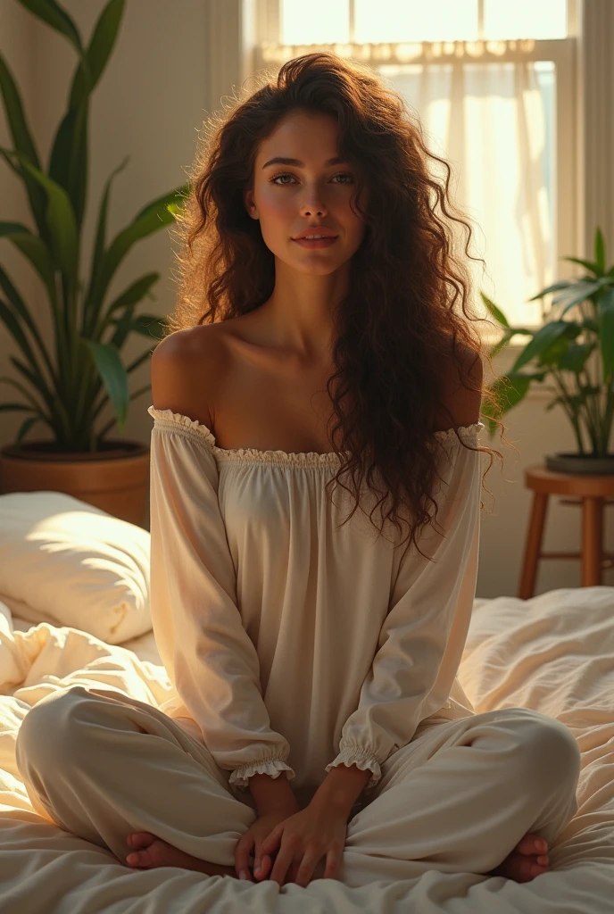 (photorealism:1.2), beautiful woman, sitting on bed, wearing loose off-shoulder top, pajama pants, long curly hair, indoors, soft lighting, plants in background, window with sunlight, cozy room, relaxed pose, realistic, intricate details, warm colors, by Greg Rutkowski, by Alphonse Mucha