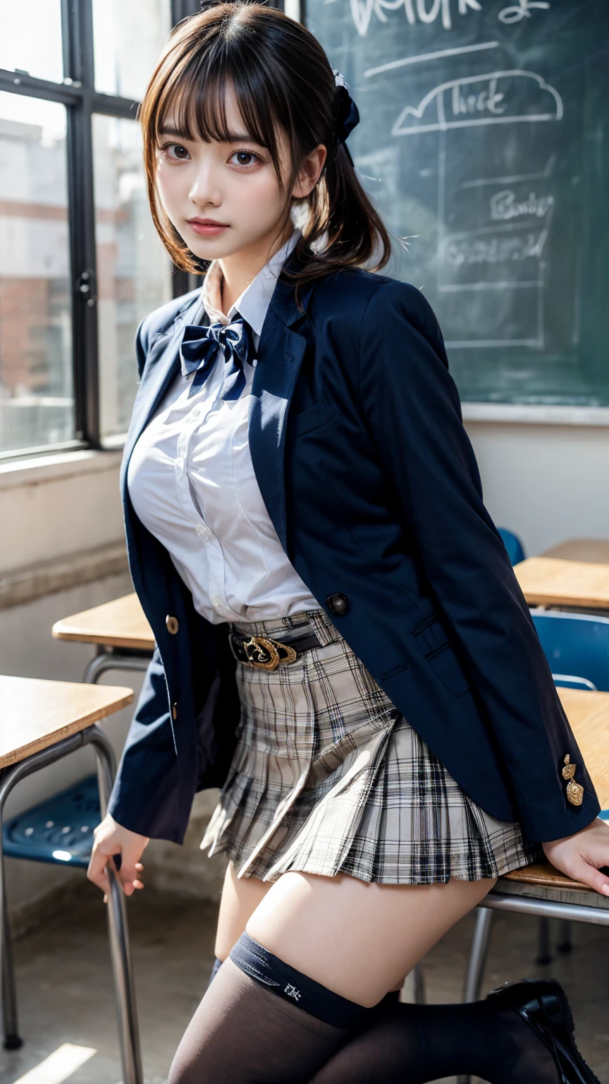 masterpiece, best quality, illustration, Super detailed, fine details, High resolution, 8K,wall paper, perfect dynamic composition,(Details High quality, realistic depiction of eyes:1.3), from side, High School Classroom、High school girl uniform、blazer 、Super Short Check Uniform Skirt、Navy blue high socks、garterbelts、plump breasts, Disturbed uniform, (updo:1.2), black hair color, large breasts, Big Natural Color Lip, bold sexy pose, (perfect body shape), crying a little、20 year old girl、cute type, beautiful legs, hposing Gravure Idol, Voluptuous thighs