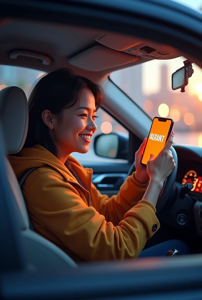 Create a happy person inside a car with a cell phone in hand and on the cell phone screen written valorant in orange 