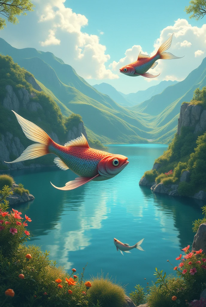 Fantasy landscape lake flying fish