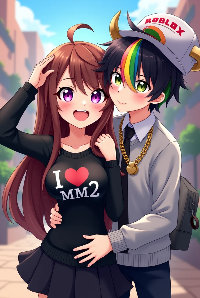 Anime style girl with brown hair with a black sweater that says i love mm2 with bare shoulders, long hair, black skirt, light pink cheeks, anime style, who has her hands on her head back and smiles and who has big breasts, long hair and where her breasts are noticeable and they look giant, accompanied by a boy with black hair with colored streaks of green, yellow, pink, blue, orange who has a sweater with a black tie, cheeks, who has light pink cheeks, anime style, smiling with a Roblox cap and gold and white horns and poses with her hands on her head back and a silver spicy chili necklace and a bag for her hips and he hugs the girl by the hip and her head on his shoulder