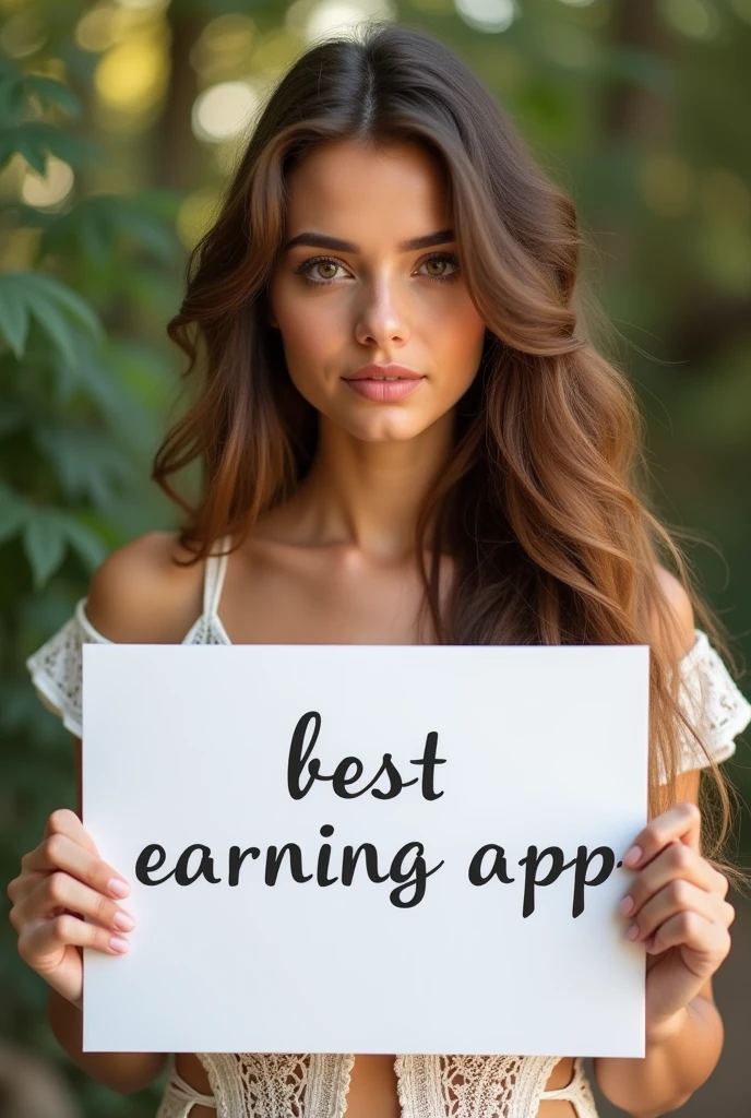 Beautiful girl with wavy long hair, bohemian dress, holding a white board with text "Best Earning app" and showing it to the viewer