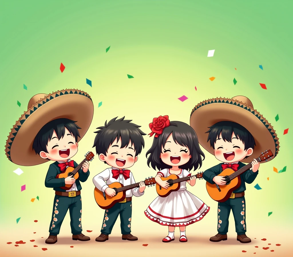 4 cute little anime style kids L.O.L. Facing the front in traditional Mexican independence clothing playing instruments, guitars and trumpet, Two boys dressed as charros and two girls dressed as adelitas with flowers, celebrating on green gradient background, confetti, a mexican party