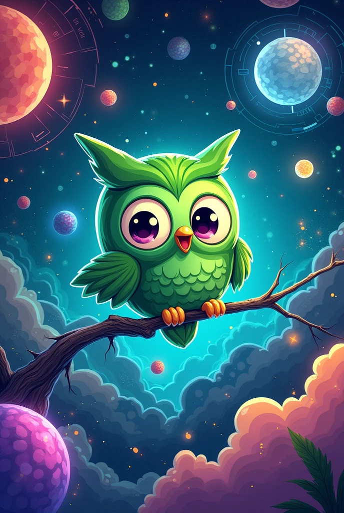 
Create a background with an electronic universe in which a green owl is traveling in cartoon style
