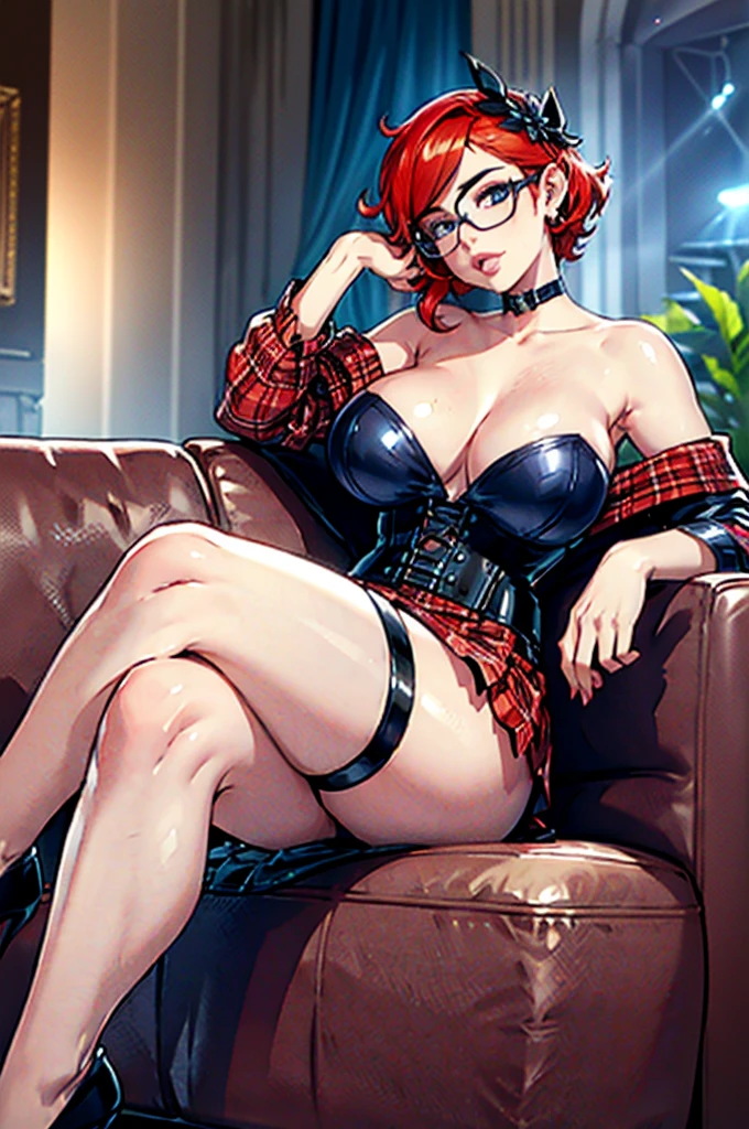 (large breasts 1.4), beautiful elf woman, ((Short Red Hair: 1.6, straight with shine)), bright blue eyes, bright eyes, double eyelids, light effect on eyes, detailed irises, sexy curvy body, ((white off the shoulder corset, black and red plaid mini skirt, black high heels)), ((work of art, hyper-realistic, hyper detailed, Best quality, 16k, light and shadow on skin, vivid colors), eyeliner, Thin eyebrows, Sensual expression, perfect pouty lips, innocent and sexy mature face, ((skin with light and shadow) flirting with the viewer, lots of freckles, full lips, lips parted, extreme blush, smile, ((Posing laying Sensually on leather couch, legs crossed, rubbing leg)), fingertip resting on lower lip, late at night, rays of light, masterpiece, wearing glasses