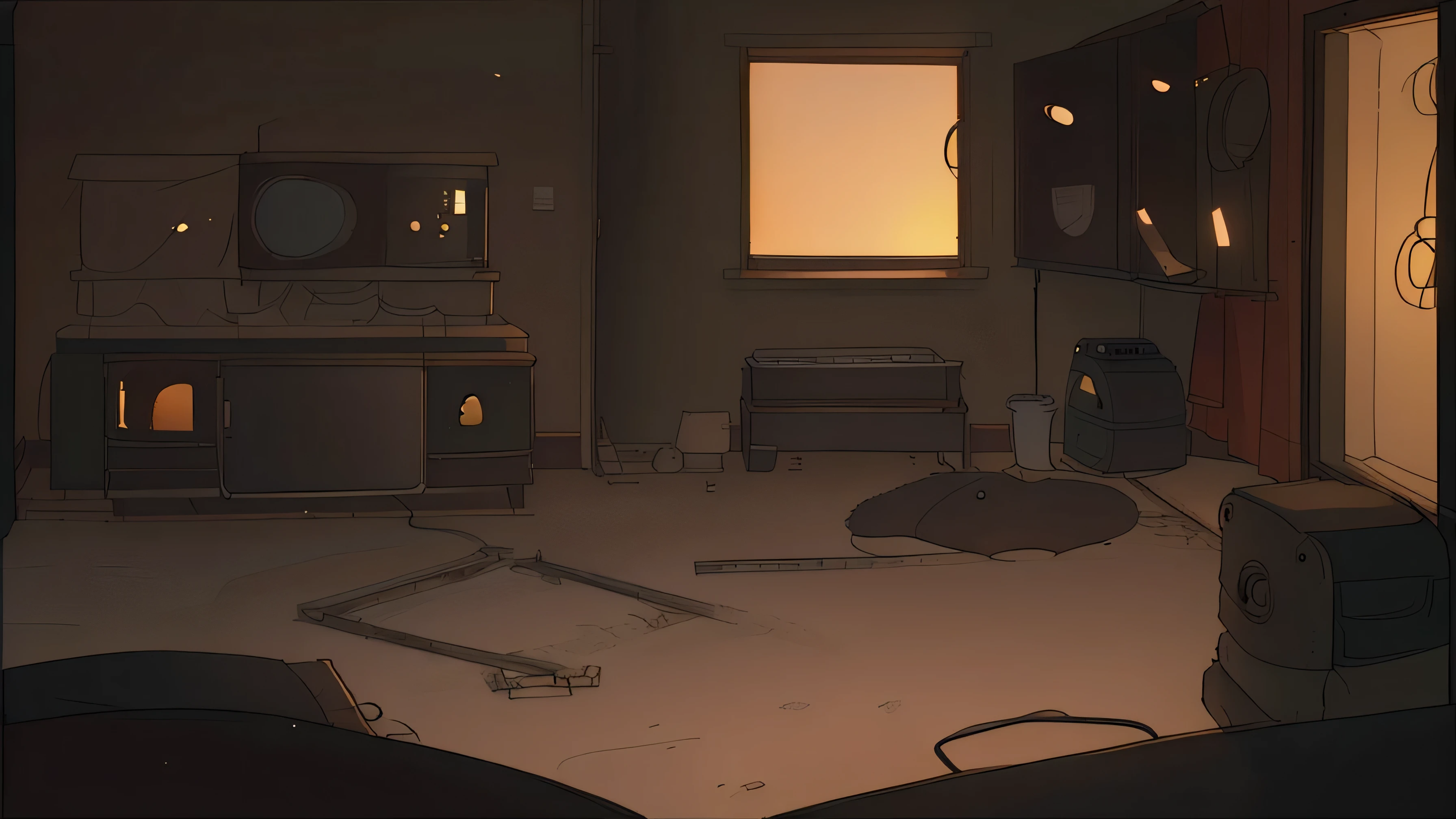 there is a small kitchen with a sink and a microwave, cozy home background, interior background art, personal room background, inside a cozy apartment, old apartment, inside an old apartment, background art, dark kitchen of an art student, dimly light room, picture of a loft, dirty apartment, low light room. digital painting, cozy place