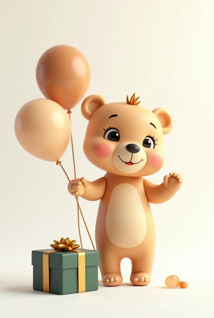 Make me a 3D 4K Pixar style baby bear with white background, I want the bear to be beige or light brown, I want it to be very impressive and eye-catching, tender and delicate. I want the texture not to be plush, but, of delicate and smooth plastic. Full body and waving. Looking straight ahead and happy. With a dark green gift box, beige and light brown, the colors of the balloons that are matte