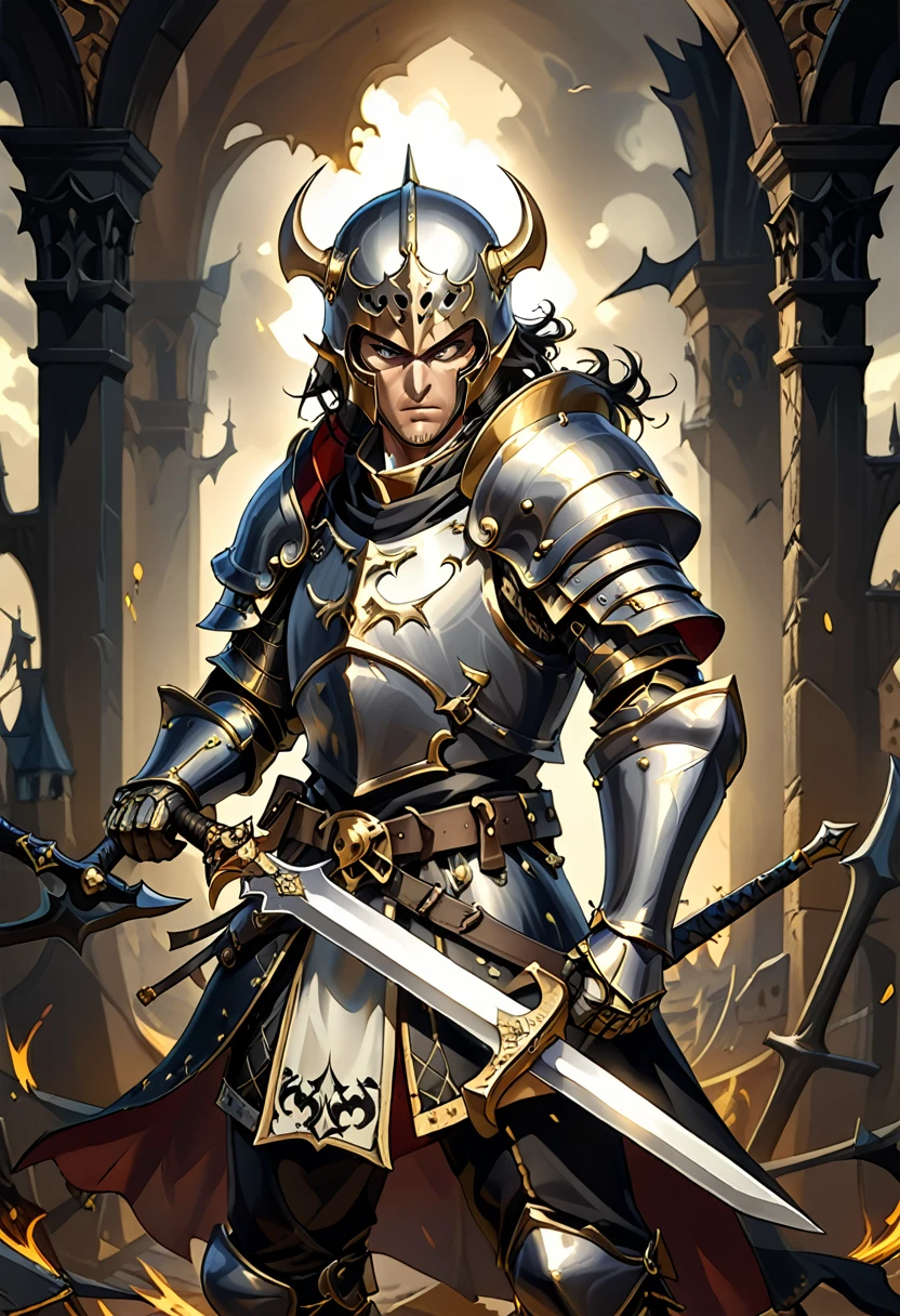 3D rendering of a heroic and determined male warrior in black and gold armor holding a black ornate silver sword, medieval Warhammer background, skaven. Dynamic attack pose.