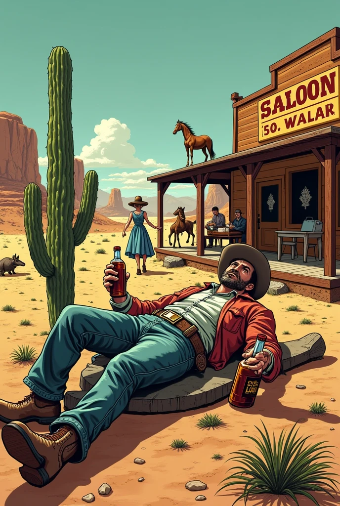 Hyperrealistic color comic 1950s look a drunk cowboy next to a saloon with two large bottles of liquor in his hands lying on top of a cactus in the desert a cowgirl woman helps him in the background a saloon next to him the horse a dog an armadillo and a cowgirl woman who helps him get up in the background a saloon