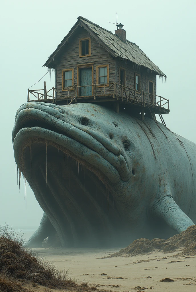 Make a small house a rickety hut on a whale house door from the front of the camera