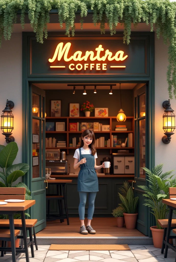 Entrance to a cafe with wooden tables outside, with a sign that says mantra coffee, illuminated, with plants, books, colorful paintings. At the entrance a female Barista with a cup of coffee in her hand and a smile on her face. He addresses the audience with enthusiasm.