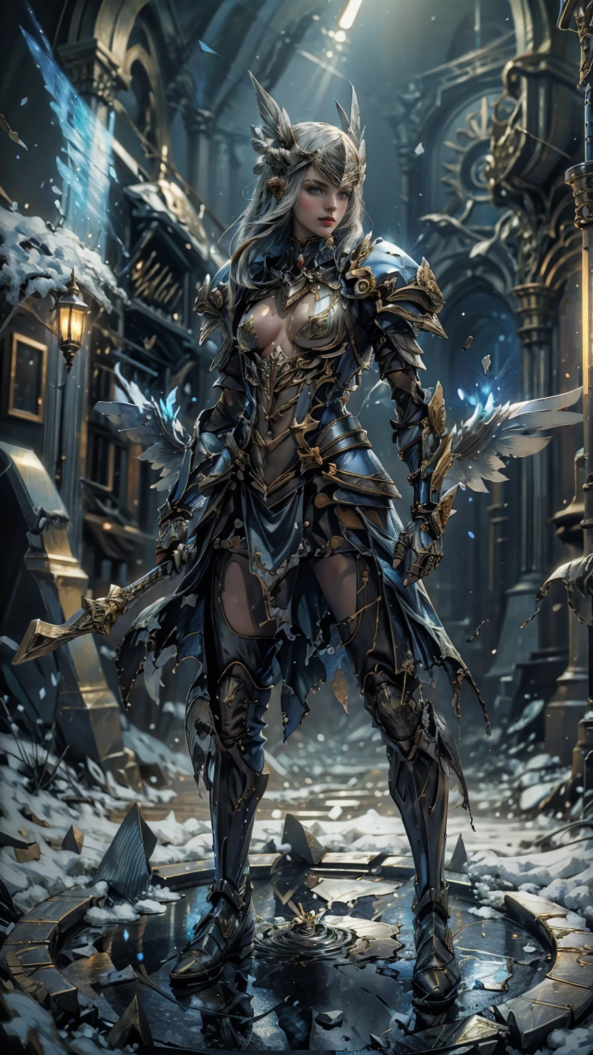 Lenneth from 'Valkyrie profile', BREAK: bright_gold_trimmed_sapphire_blue_plate mech4rmor, (damaged chest armor exposing skin:1.3), glowing sword raised in victory, thigh cutout, long skirt, BREAK: standing, contrapposto stance, arms behind back, light smile, magical castle ruins, fluffy snow and flower petals fall, BREAK: detailed face, detailed hands, (16k, absurdres, masterpiece, best quality), fantasysword, wings