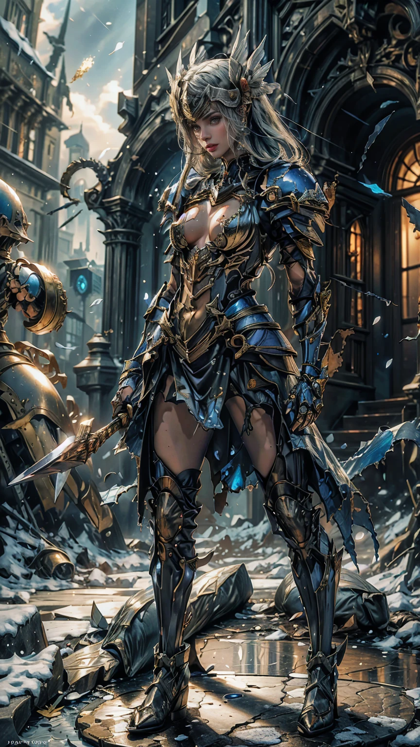 Lenneth from 'Valkyrie profile', BREAK: bright_gold_trimmed_sapphire_blue_plate mech4rmor, (damaged chest armor exposing skin:1.3), glowing sword raised in victory, thigh cutout, long skirt, BREAK: standing, contrapposto stance, arms behind back, light smile, magical castle ruins, fluffy snow and flower petals fall, BREAK: detailed face, detailed hands, (16k, absurdres, masterpiece, best quality), fantasysword, wings