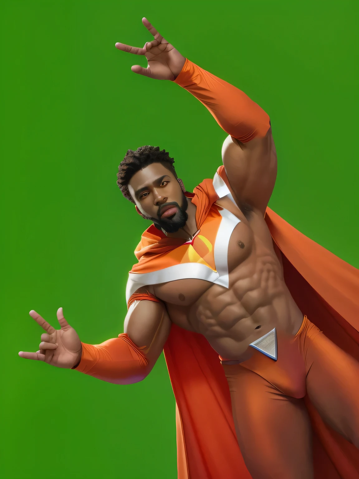 A mystical black mansuperhero with goatee beard wearing orange spandex with white details and a red cape. ultra realistic cinematic photo