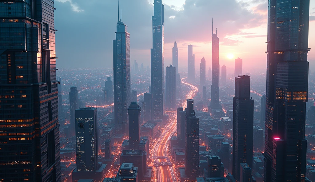 a futuristic cityscape of a modern metropolis, towering skyscrapers, advanced architecture, overwhelming skyscrapers, city skyline, urban landscape, dynamic environment, cinematic lighting, dramatic shadows, neon lights, vibrant colors, cyberpunk atmosphere, intricate details, technologically advanced, sleek and modern, stunning visuals, realistic 3D rendering, cinematic composition, masterpiece, best quality, 8k, HDR, ultra-detailed, photorealistic