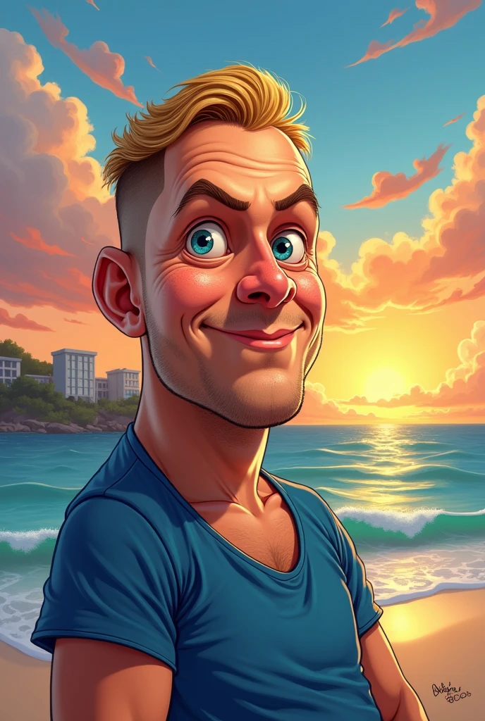 Create a friendly and vibrant caricature of a city council candidate named Rodrigo, nicknamed "catboy". He is associated with the Podemos party and is known for his commitment to the Biguaçu community.. Capture a background scene that represents the municipality, perhaps with elements like the sea and the sunset. Keep an upbeat and inspiring tone. Remember that Rodrigo "catboy", is a 40-year-old man, overweight, very white with freckles and blue eyes, with short, fine blonde hair, with slightly drooping cheeks and almost transparent eyebrows, has a nose that is slightly rounded at the tip
