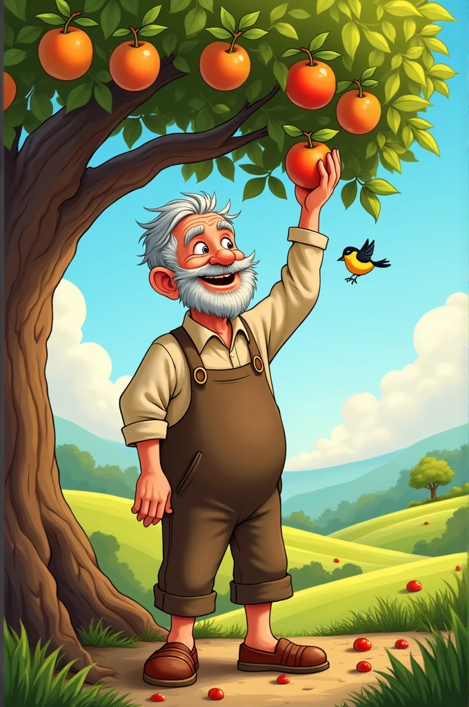 old man picking fruit tree cartoon