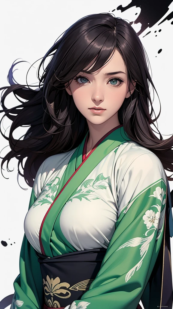 1 Girl, heroine, good looking, Splattered ink, Chinese Armor, (Upper Body), Black Hair, Floating Hair, Delicate eyes, Antique black and green damask patterned Hanfu, vision, (F1.8), (masterpiece), (Portrait Shot), Front shot, White Background, (Movie Posters), arms