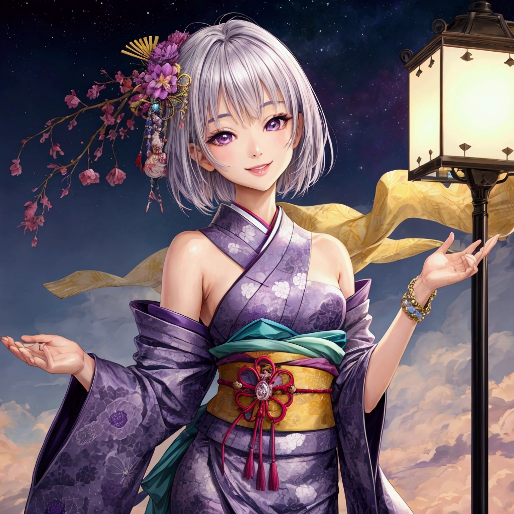 ((Highest quality)),Highly detailed and complex background, , , High resolution, Super detailed, 1. Japanese fashion model,, Bright smile, Purple eyes, A woman with colorful silver short hair、Smiling and beautiful face、Beautiful person、It's photorealistic、Hyperrealistic、Cool and handsome face、Flat Chest、Perfect hands