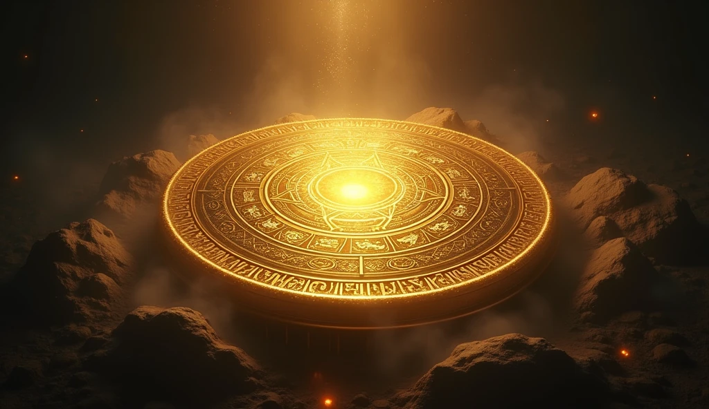A depiction of the legendary Seal of Solomon, shown as a shining golden amulet, with mystical symbols surrounding it. The image is surrounded by a glowing aura, with shadows that appear to form mysterious figures, suggesting its hidden power.
