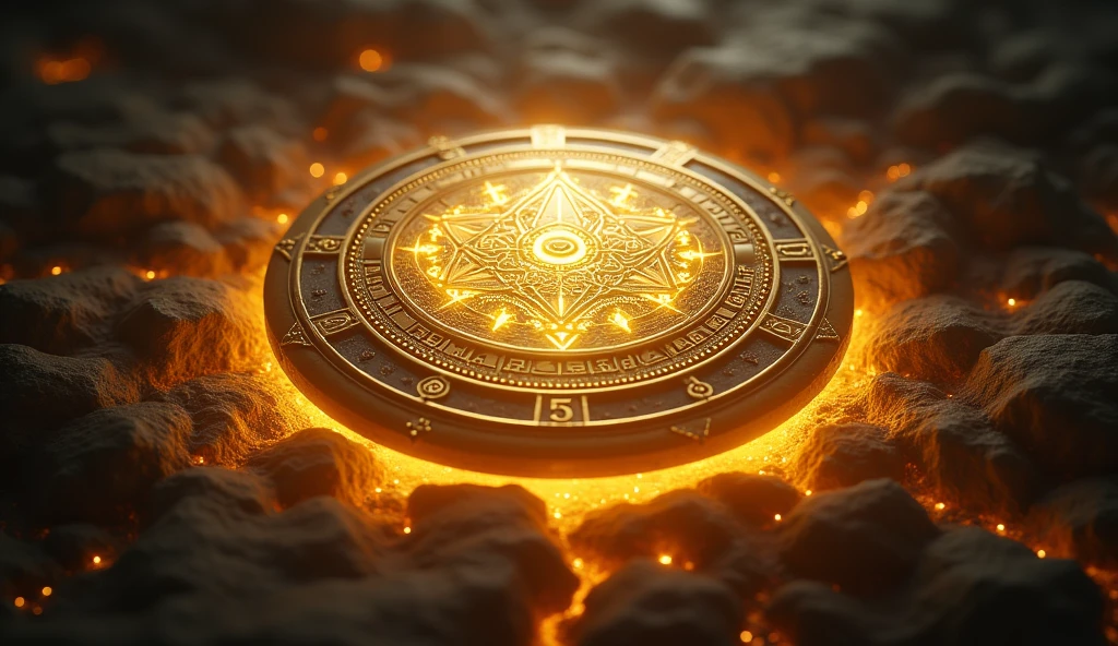 A depiction of the legendary Seal of Solomon, shown as a shining golden amulet, with mystical symbols surrounding it. The image is surrounded by a glowing aura, with shadows that appear to form mysterious figures, suggesting its hidden power.