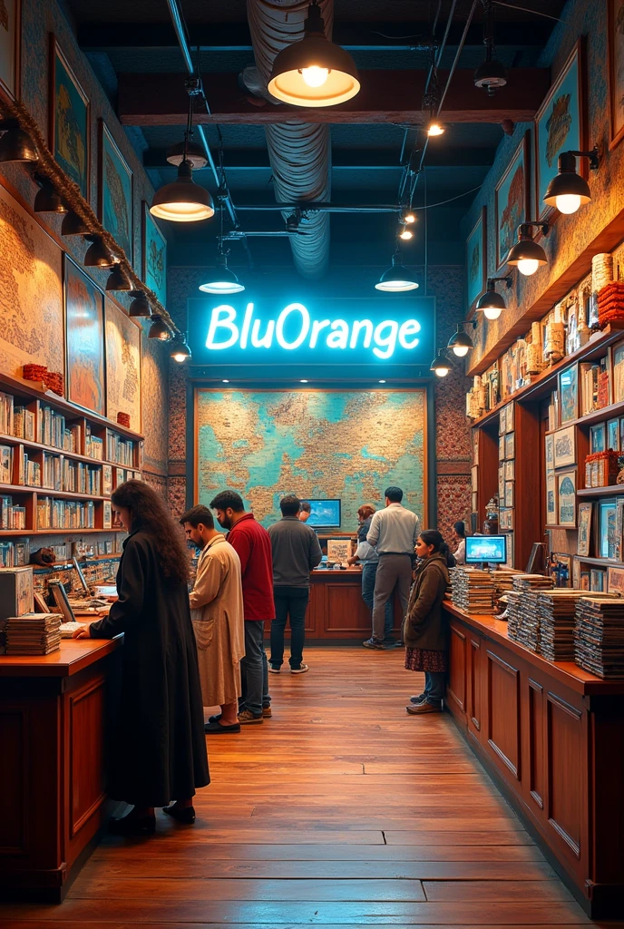 Office in Pakistan with name on the walls ''BLUORANGE TRAVELS LAHORE '' make sure its ''BLUORANGE TRAVELS LAHORE'' not blueorange and lots of traveling posters more
