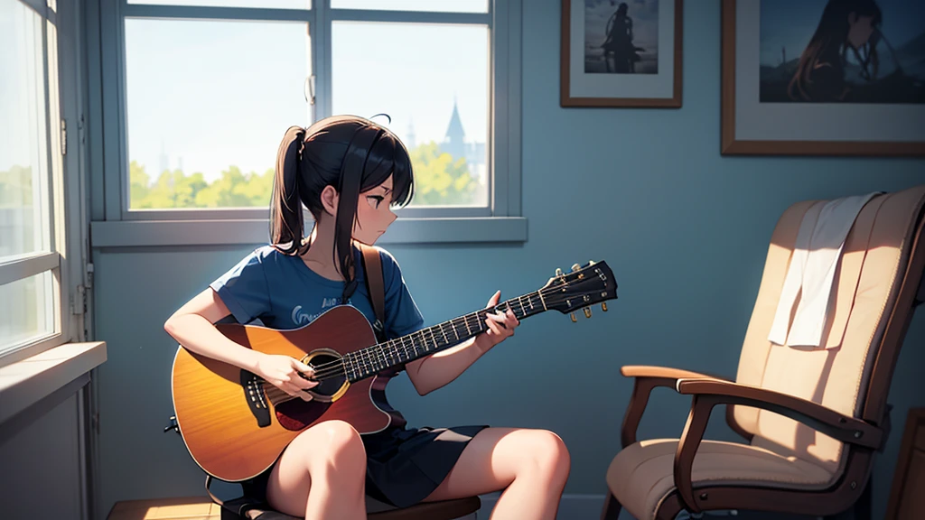 Create an image of a girl playing a guitar, sitting in a chair in profile, in front of the window in her room, calm atmosphere. Design the silhouette of the picture perfectly