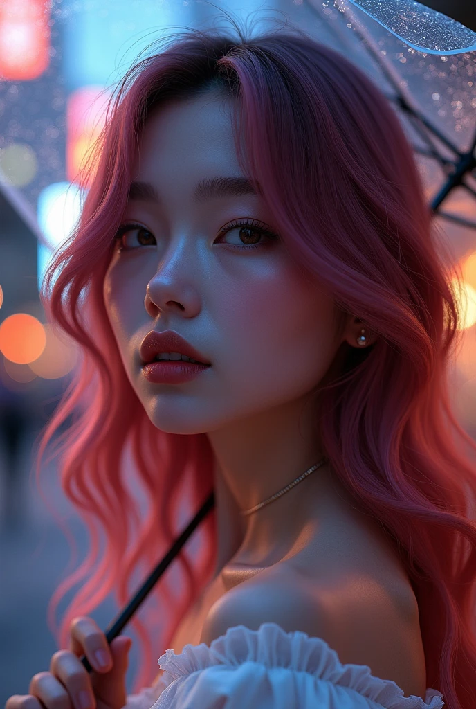 a girl standing on a street, beautiful detailed eyes, beautiful detailed lips, extremely detailed face and skin, long eyelashes, reddish purple hair, wearing a beautiful dress, holding a transparent umbrella, glowing skin, photorealistic, highly detailed, cinematic lighting, vibrant colors, 8k